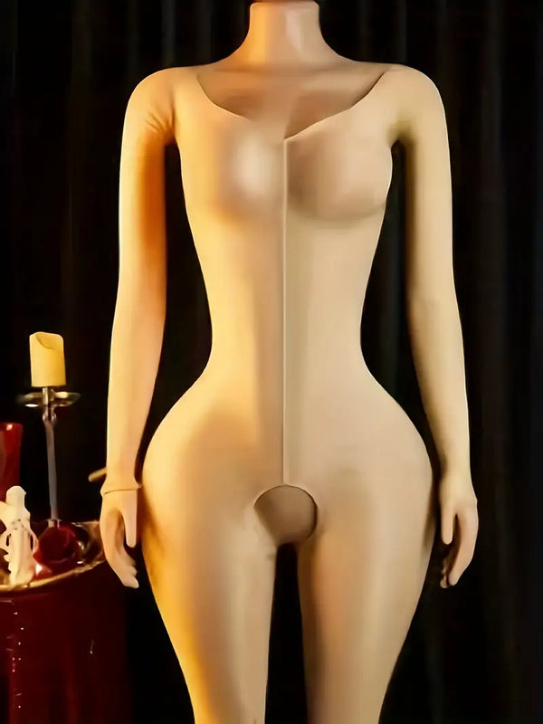 New sexy glossy open-crotch bodysuit, hollow-out V-neck long-sleeve fitted sheer skin-tone fishnet base, bandeau-style one-piece stockings