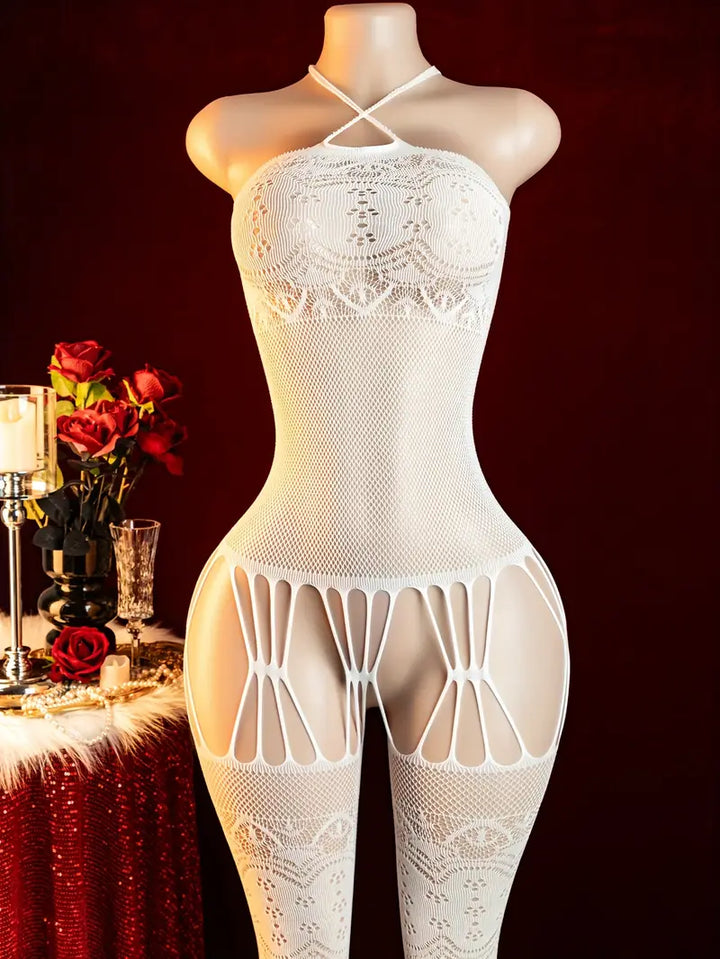 Sexy Bodysuit White Hollow Jacquard Pattern Strappy Bodysuit