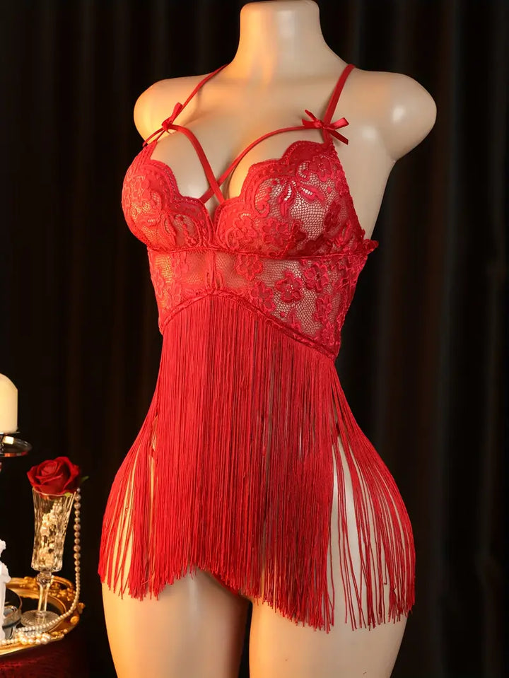 Sexy Dress Set Lace Printed Fringed Nightgown Set Ladies Erotic Costume Sexy Pajamas, Nightgown Set
