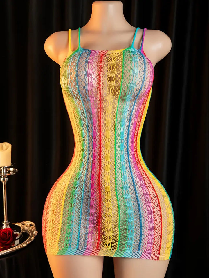Sexy Bodystocking Bodysuit Lingerie Seductive Hollow Out Colorful Striped One-Piece Mesh Dress One-Piece Stockings Women'S Clothing Sexy Fishnet Jumpsuits Bodystocking