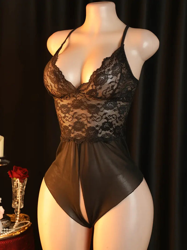 Sexy and hot lace rose bodysuit, black sheer camisole nightgown with an open crotch, temptation without removal, shameful bed dates, passionate new combat uniform, bold lingerie, exposing exotic and enticing underwear.
