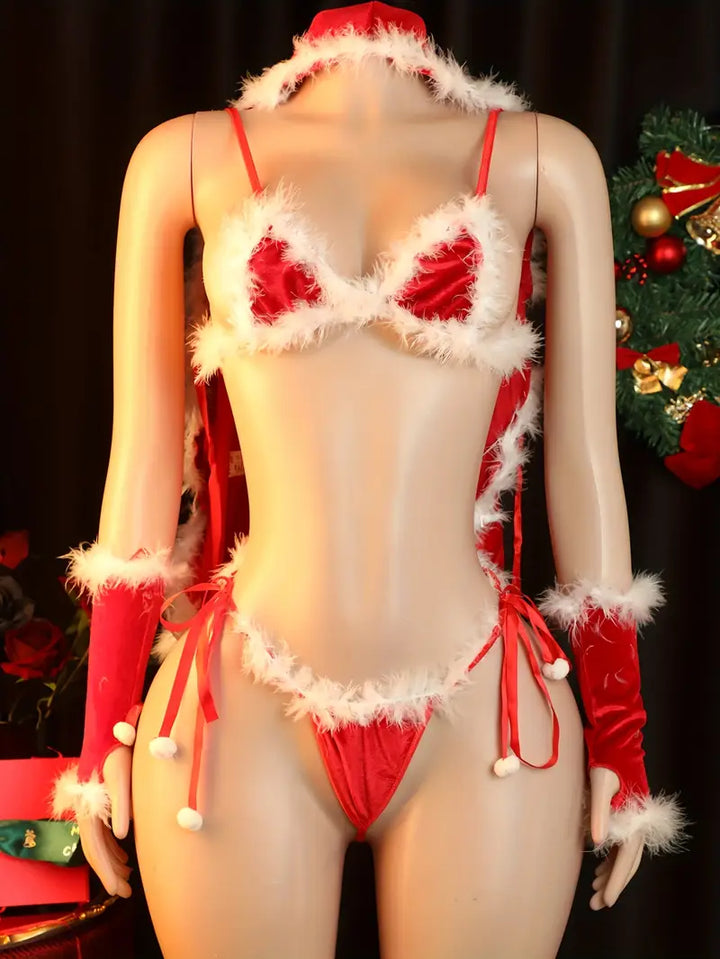 Sexy lingerie Christmas set of 5 pieces, hot plush sexy bra + sexy panties + cape, women's Christmas sexy lingerie set