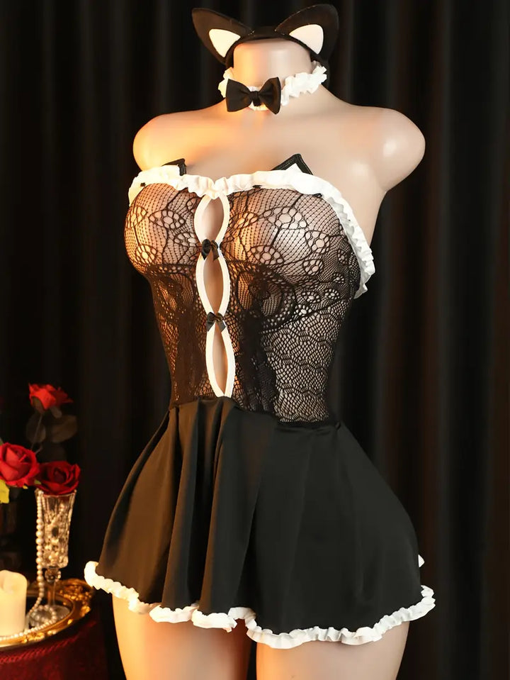 Sexy lingerie, sexy maid outfit, strapless see-through uniform temptation, cute kitten pajamas, role-playing passion set, open-crotch daring lingerie, revealing exotic tempting underwear.