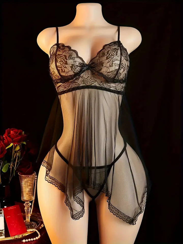 Sexy Lingerie Black Sheer Mesh Temptation Camisole Dress Set Includes Dress + Thong