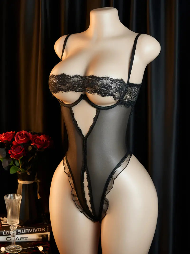 Women's Sexual Interest Jumpsuit, Sexy Slim Breastless Flower Pattern Crotch Jumpsuit, High Support Underwire Chest Design, Hot Back Hollow Design, Women's Erotic Bodysuit