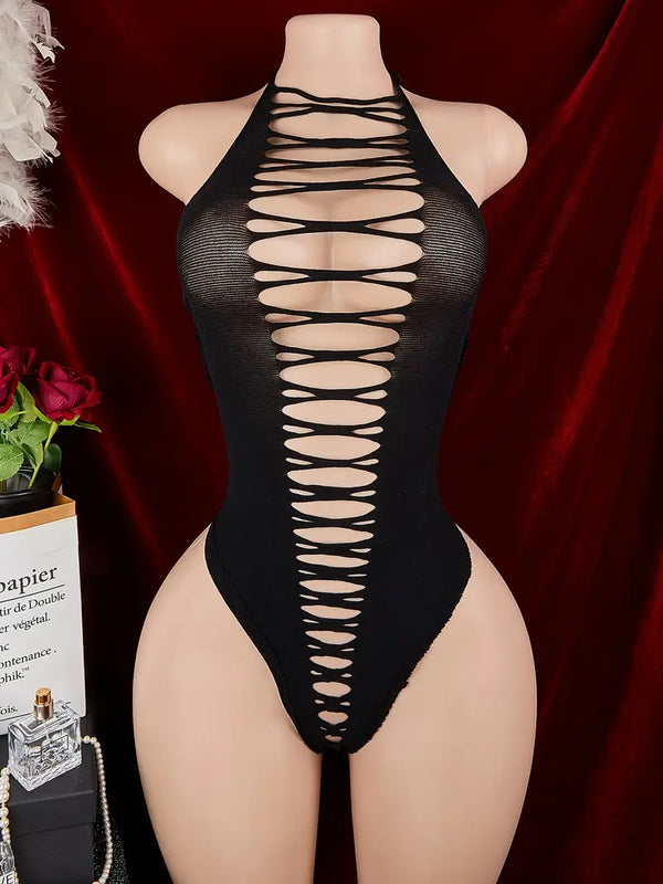 Plus size erotic lingerie, crazy shark strap halterneck one-piece mesh, sexy suspender fishnet jumpsuit, cut-out see-through sleeveless mesh tights, women's sexy lingerie, black