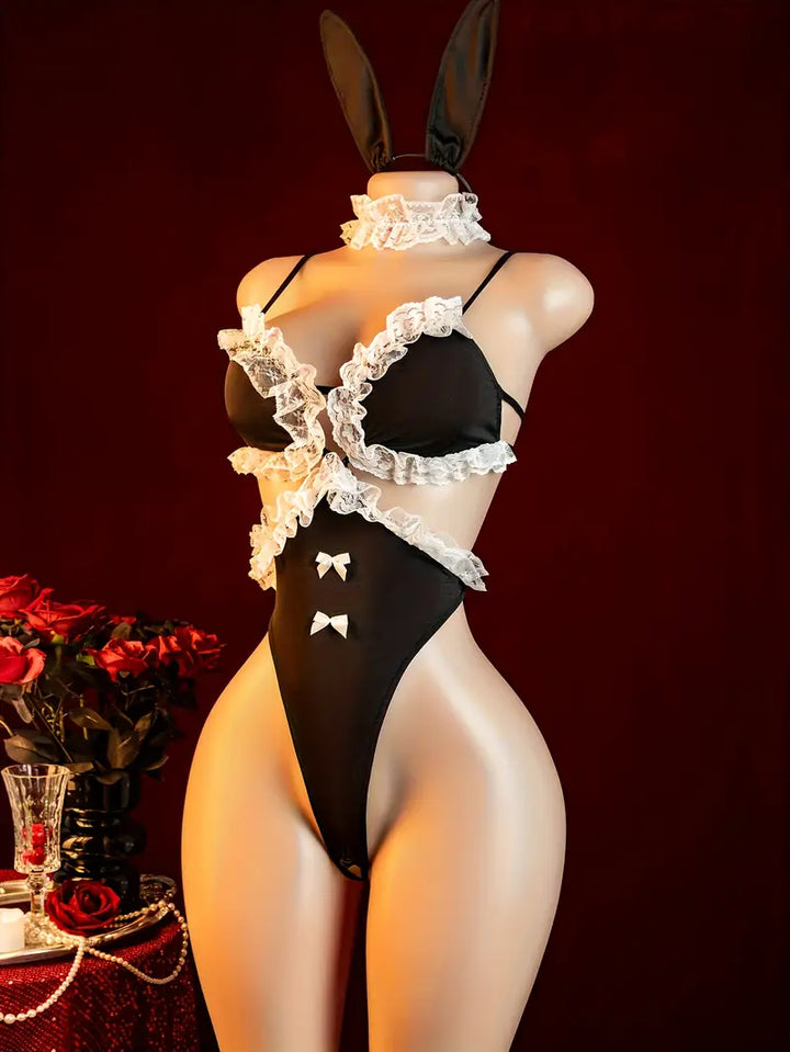 Erotic Lingerie New Sexy See-Through Pure Desire Bunny Maid Outfit Lace Bodysuit Uniform Seduction Suit Dating Battle Robe Breastless Dress Bed Stripless Passion Pajamas Pure Tights Suit Bold Erotic Outfit Revealing Seductive Lingerie