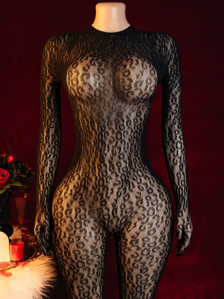 Sexy Lingerie Bodystocking Jumpsuit Leopard Print One-Piece Mesh Dress Women Erotic Costumes Erotica Jumpsuit Body Stockings