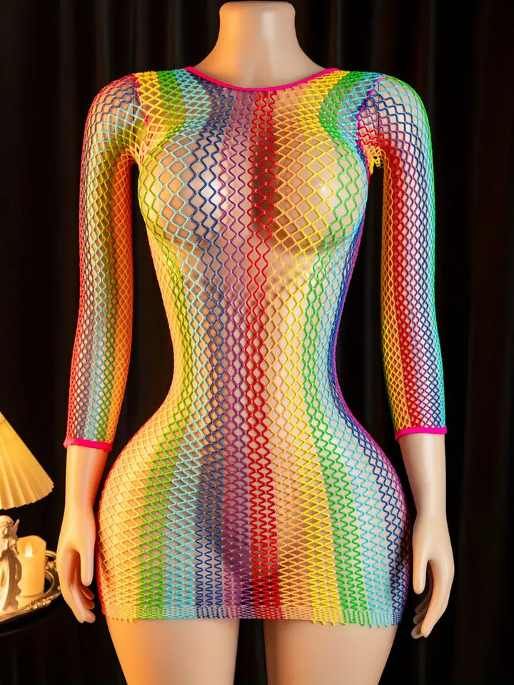 Women Sexy Lingerie Bodystocking Seductive Hollow Out Colorful Large Mesh Long Sleeve Hipster Dress Fishing Net Colorful Sexy Mesh Clothes, Mesh Stockings Ladies Erotic Costumes Erotic Bodysuit, Body Stockings