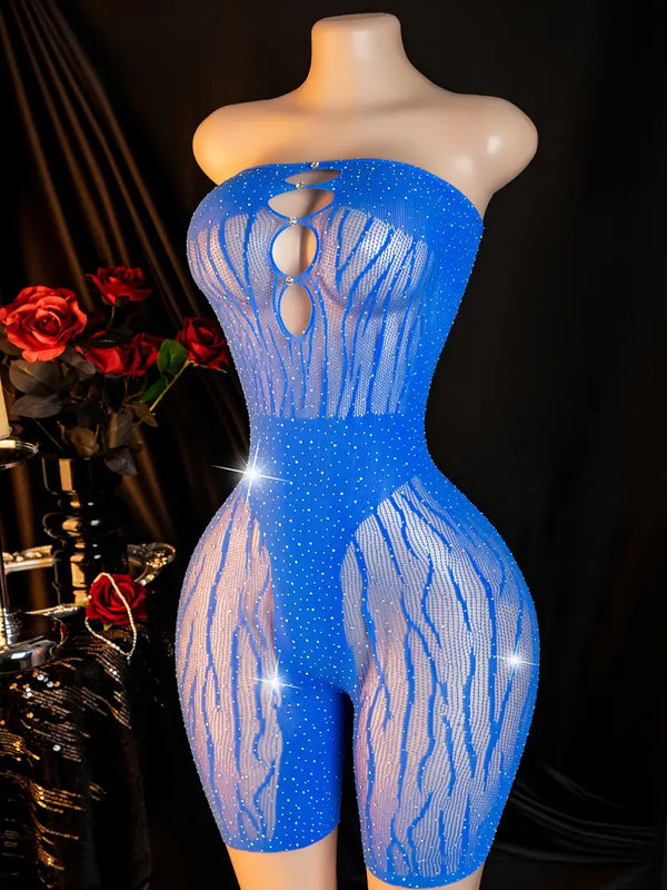 Plus size erotic underwear, bandeau sleeveless hot drill big hole fishnet net, sexy chest cutout jumpsuit, chest-baring see-through sleeveless large mesh tights, bold sexy lingerie blue