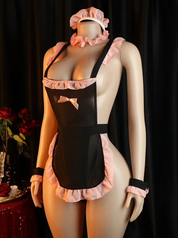 Exotic teddy lingerie women's style, sexy translucent nurse bodysuit, backless self-tie design, cute collar accessories, women's underwear set