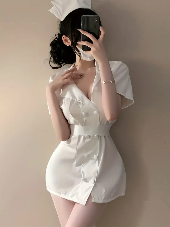 Sexuality Sexy Lingerie White Nurse Uniform Set Waist Wrap Hip Dress See-through Temptation Pajamas Cosplay Passion Set Stripless Bold Erotic Costume Tone Seductive Underwear Panties Pure Lust Style (Including: Dress + Hat + T-Pants + Belt)