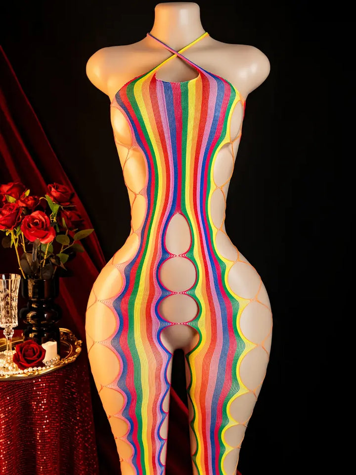Sexy rainbow multicolor side-cutout teddy bodysuit