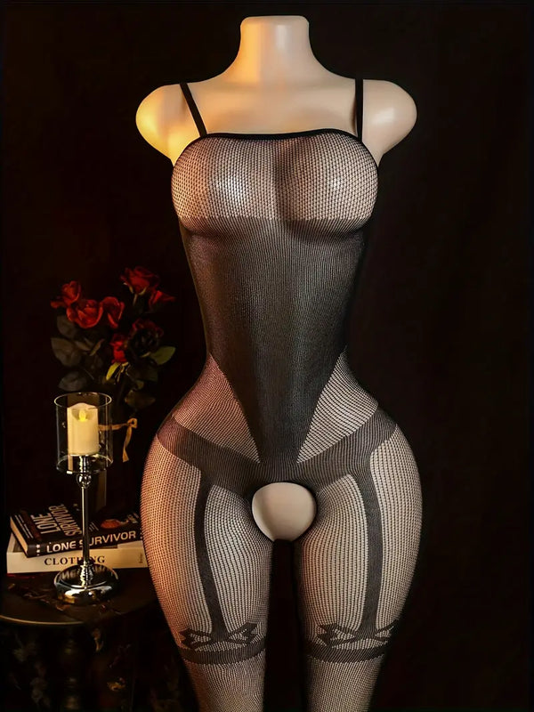 Sexy lingerie sexy black bow pattern see-through temptation open slip jumpsuit