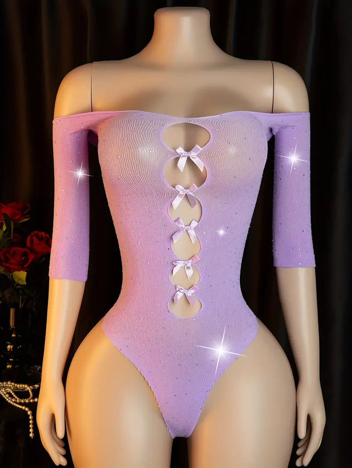 Sexy bodysuit, purple sparkling, adorned with a cute bow, off-shoulder design