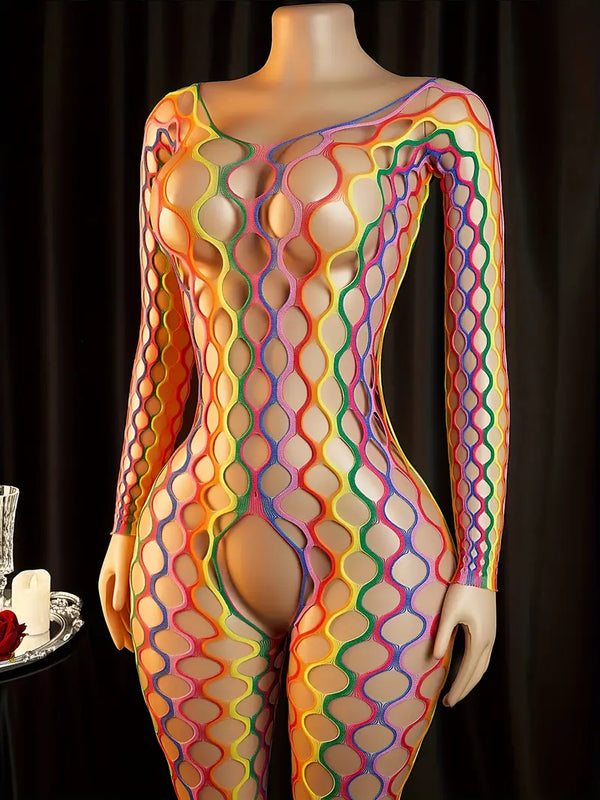 Plus-size erotic underwear, colorful open-crotch bandeau fishnet net, sexy big loophole jumpsuit, waist cut-out see-through sleeveless large mesh tights
