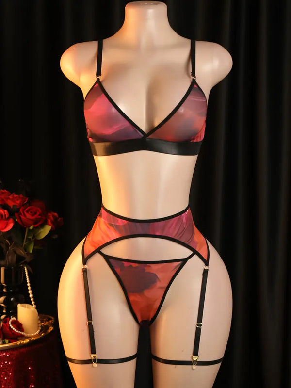Sexy lingerie set, colorful sexy uniform set, Valentine's Day date outfit including bra, panties, and garter stockings