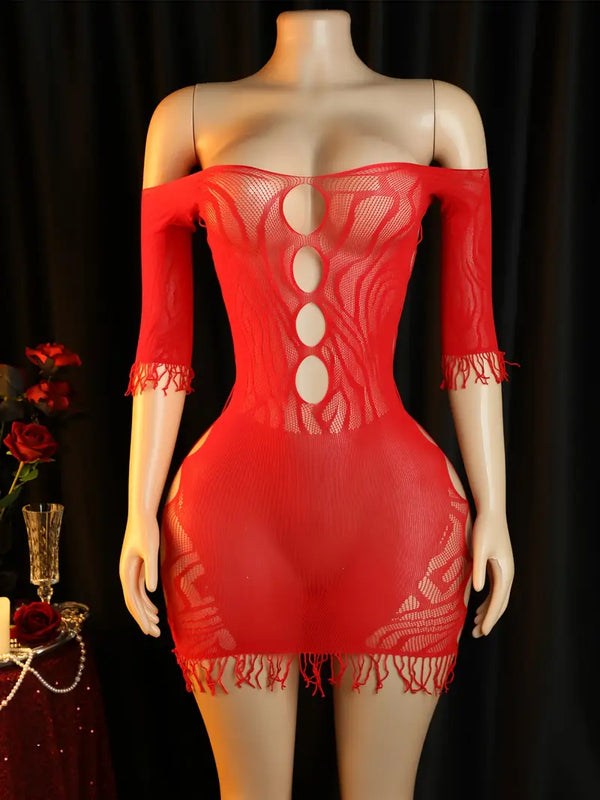 Lingerie: Sexy red tassel lace side cut-out off-shoulder dress