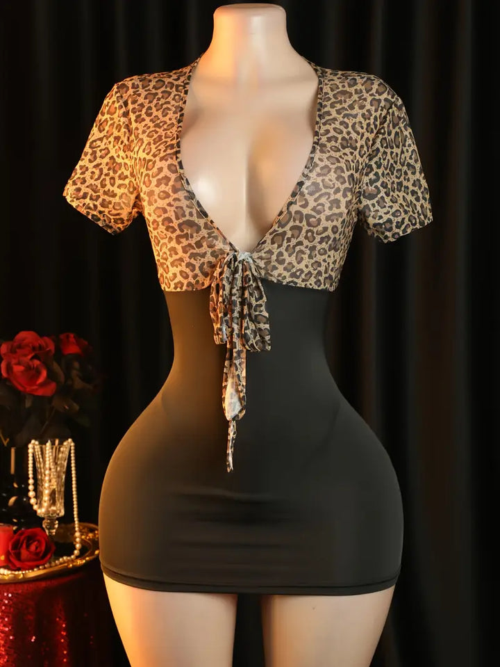 Sexy Dress Set Seductive Leopard Printed See-through Lace-up Skirt Women's Erotic Costume Sexy Dress Set