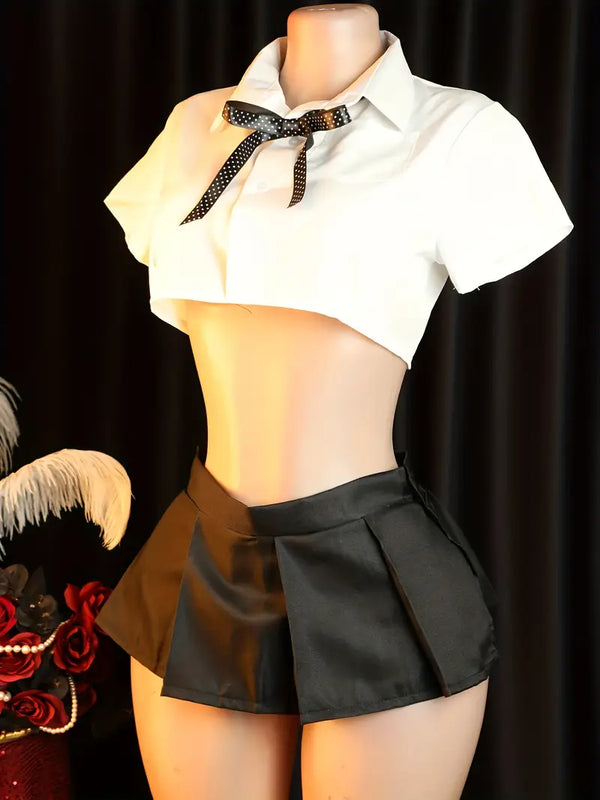 Sexy lingerie, date outfit, pleated skirt, seductive polka dot bow tie, pure uniform, bed-ready removable pajamas, passionate set, short-sleeve shirt, lost sexy babydoll skirt, bold erotic clothing, revealing and alluring underwear
