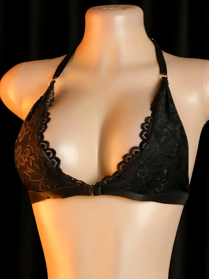 Sexy sheer lingerie set with halter lace trim bra, front clasp, no need to remove, erotic lingerie, Valentine's Day new style, hollow-out chest, bold lingerie apparel, revealing exotic and alluring black bra