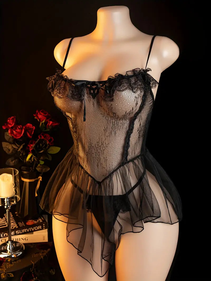 Erotic Lingerie Sexy Hot Lace See-Through Seduction Sundress Big Open Back Pajamas Bed Passion Suit Dress Lost Sexy Doll Dress Bold Erotic Outfit Revealing Seductive Mesh Lingerie (Includes: Dress + T-Pants)