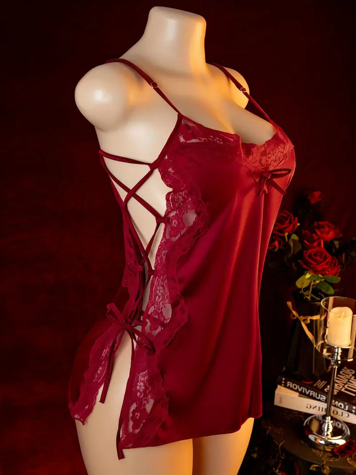 Plus size sexy lingerie sheer lace side tie lost slinky nightgown pure desire revealing chest temptation small bust date waist hollow sleepwear set bed passion no removal battle robe bold lingerie exposing exotic alluring outfits adjustable tie sizes.