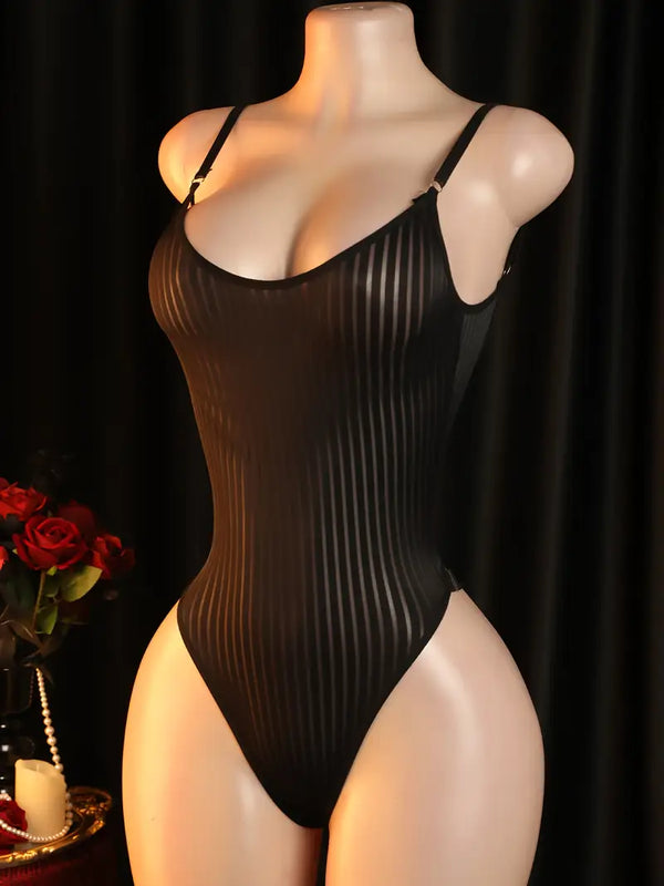 New Sexy Bodysuit - Sexy Black Ice Silky Fiber Fabric Striped Panty Strap Bodysuit