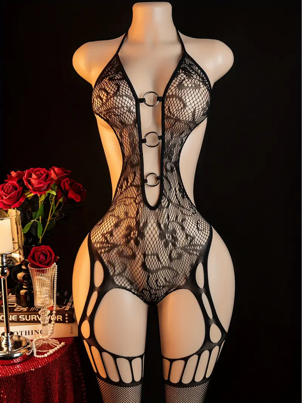 Sexy black jacquard patterned hollow circle halter neck bodysuit