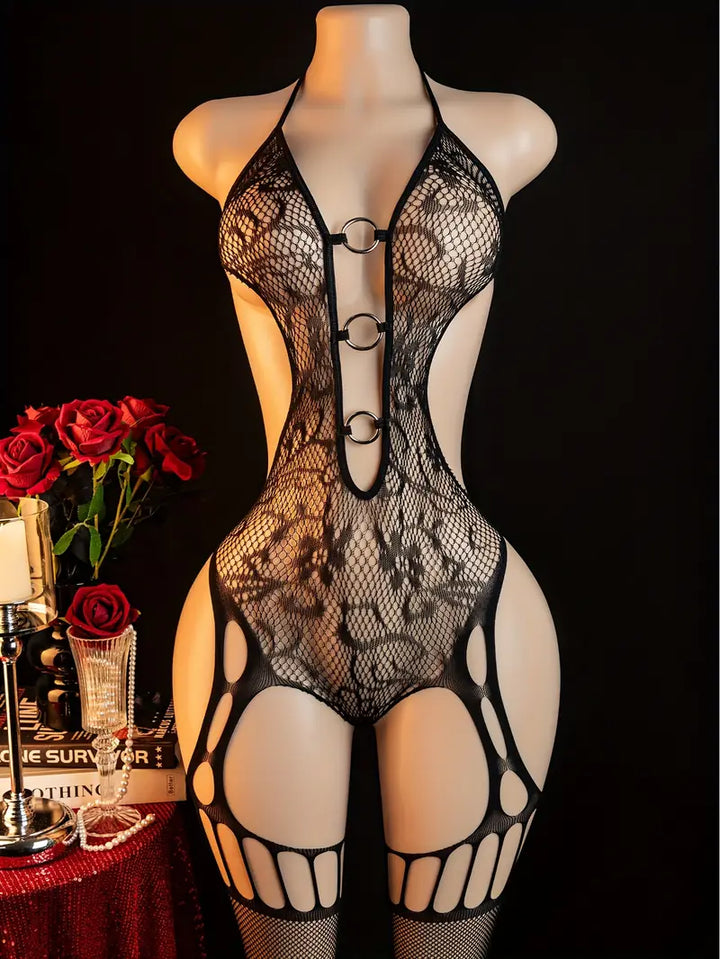 Sexy black jacquard patterned hollow circle halter neck bodysuit