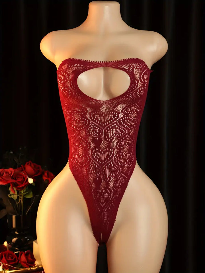 Sexy burgundy lace-up heart cutout strapless off-shoulder backless bodysuit