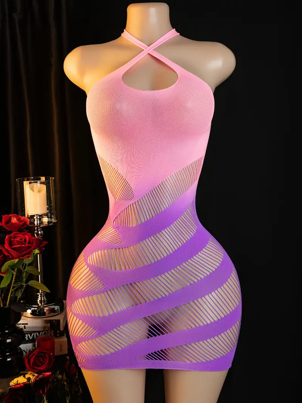 Sexy Bodystocking Lingerie Jumpsuit Sexy Hole Jacquard See-Through Mesh Dress Wrap Skirt Halter Dress Body Stockings Women Erotic Jumpsuit Body Stockings