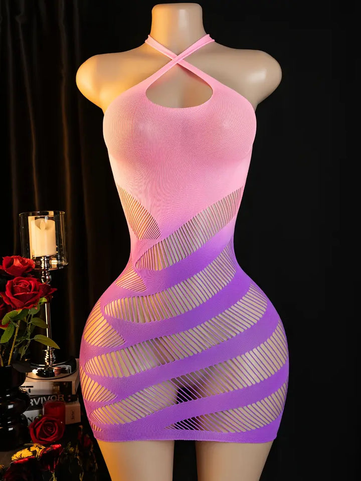 Sexy Bodystocking Lingerie Jumpsuit Sexy Hole Jacquard See-Through Mesh Dress Wrap Skirt Halter Dress Body Stockings Women Erotic Jumpsuit Body Stockings
