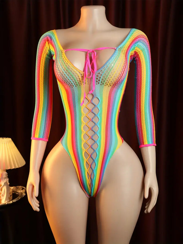 Women Sexy One-Piece Underwear Stockings Seductive Hollowed Out Rainbow Color Striped One-Piece Mesh Women'S Erotic Costumes Erotic Bodysuit, Bodystocking