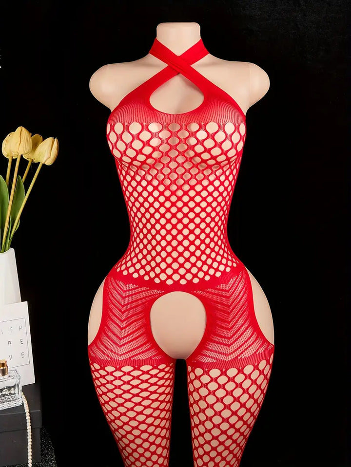 Red open halterneck big hole one-piece mesh suit, sexy suspender fish net tights, openwork see-through sleeveless mesh jumpsuit, women's sexy underwear and panties