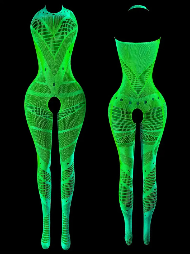Sexy one-piece suit, luminous green open-crotch bodysuit that glows in the dark