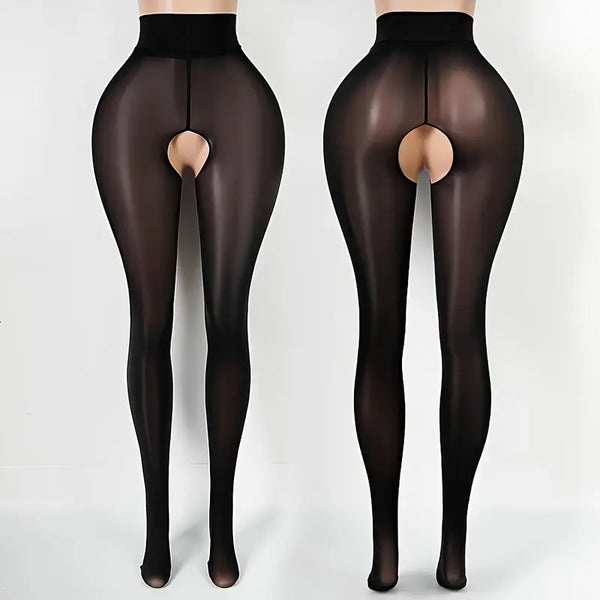 New black shiny open-crotch pantyhose, no need to remove