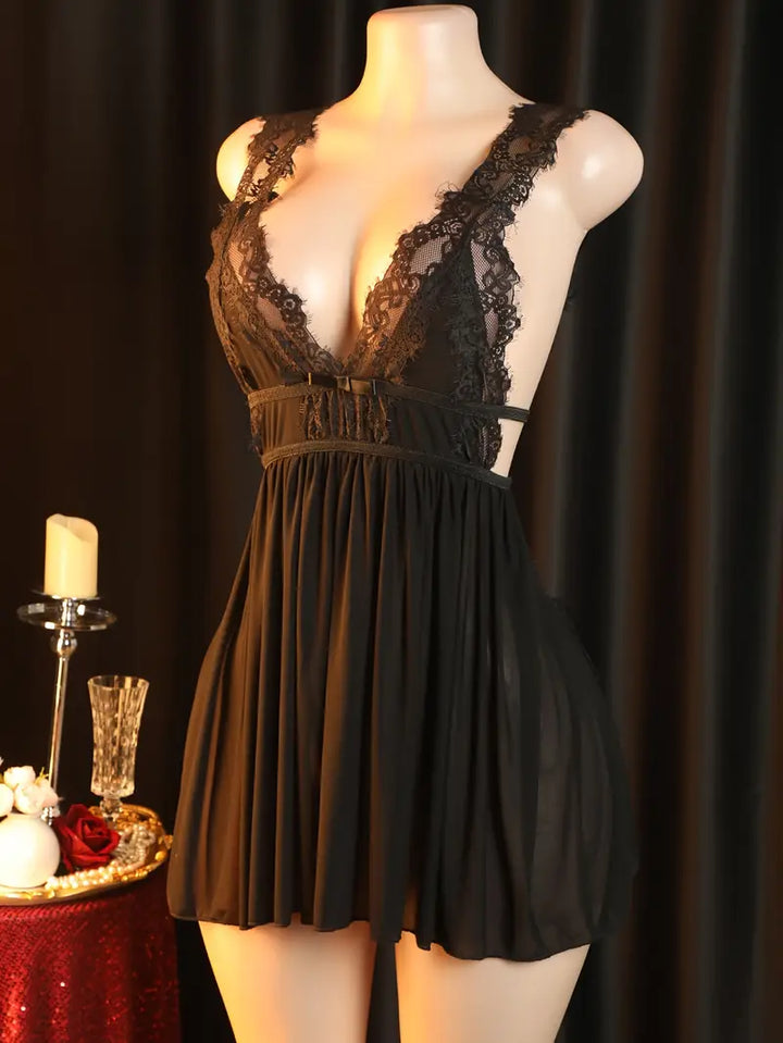 Sexy and provocative sheer lace lingerie dress with a large open back sleepwear passionate set, seductive doll dress, bold romantic outfit revealing exotic and alluring lingerie.