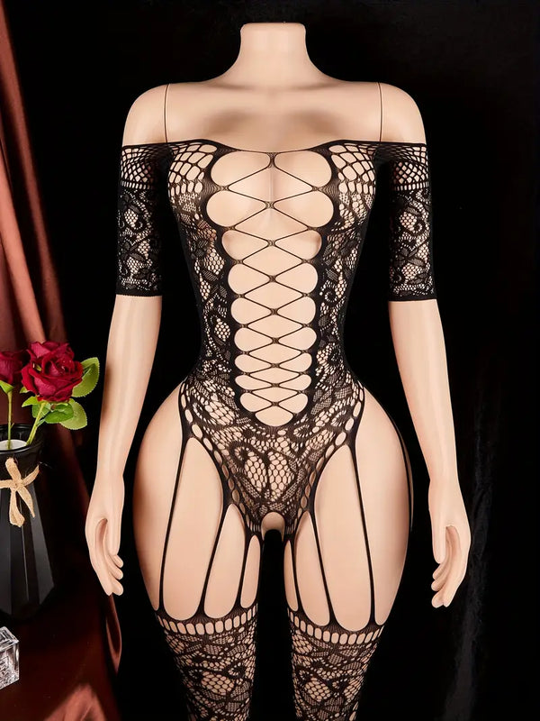 Cross pattern hollow one-piece mesh clothing sex stockings sexy one-line shoulder big hole fishnet one-piece open crotch mesh clothing stocking sex underwear