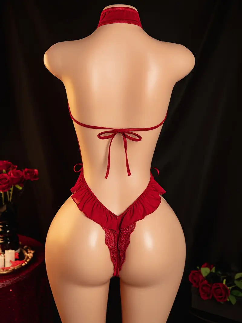 Lingerie: Sexy red tassel lace side cut-out off-shoulder dress
