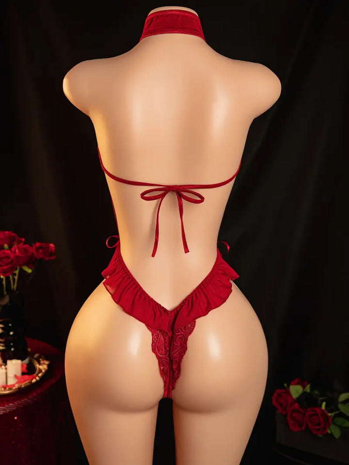 Lingerie: Sexy red tassel lace side cut-out off-shoulder dress