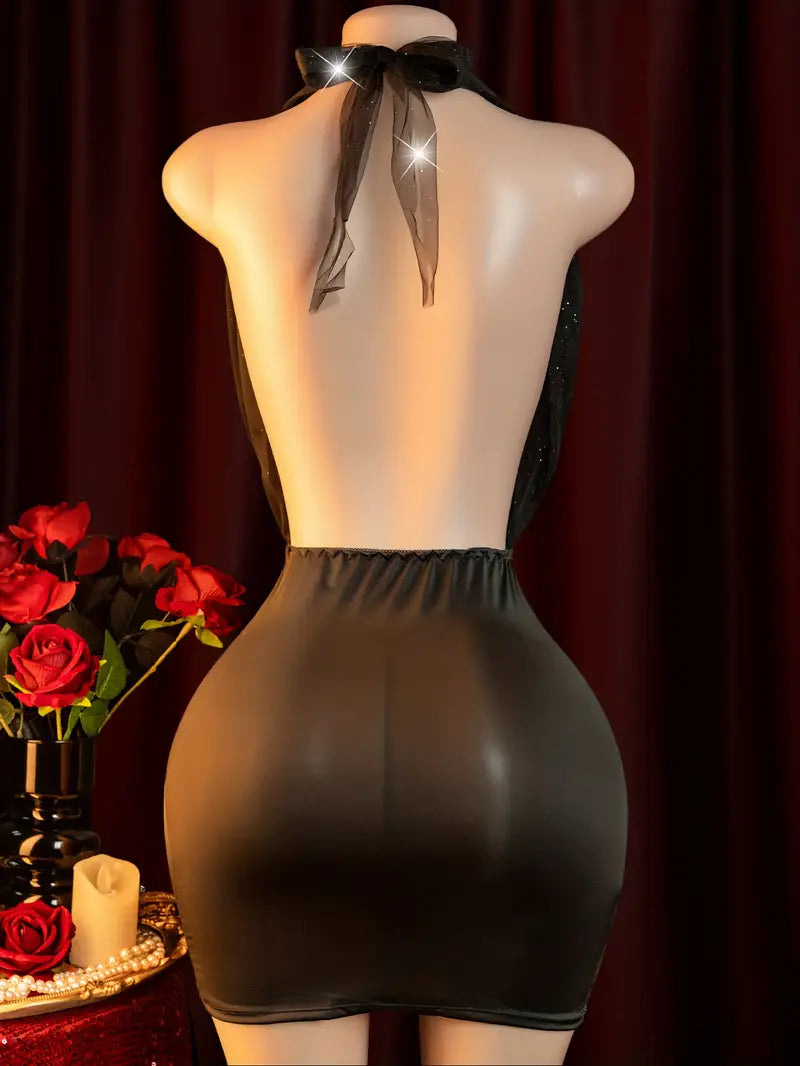 Erotic lingerie sexy tight chest back see-through big open back sundress, new slit clear pajamas uniform seduction bed passion suit hot nightdress, bold erotic costume exposing exotic seductive lingerie black dress