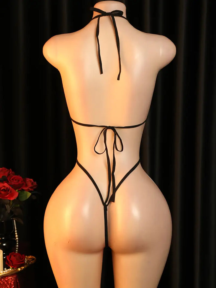 Sexy and hot leopard print three-point teddy lingerie with a chest cutout, back tie, sheer design, open crotch, tight-fitting bodysuit, new Valentine's Day release, bold exotic and alluring lingerie