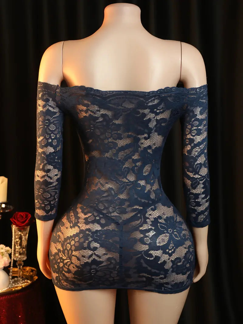 Women's sex doll costume two-piece, sexy semi-sheer jumpsuit off-shoulder hip skirt, sexy lace thong, a must-have for romantic nights and boudoir selfies