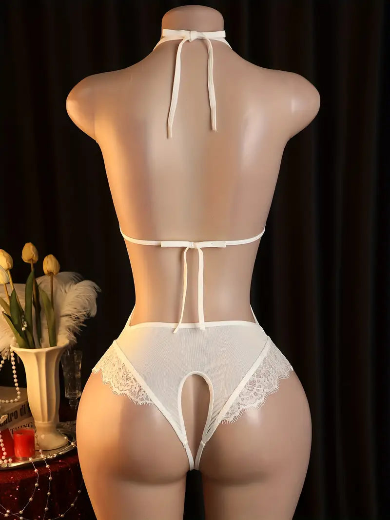 Sexy one-piece lingerie, Valentine's Day special, white lace, purely seductive see-through bodysuit