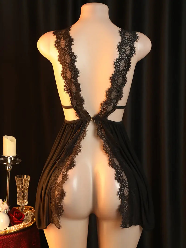 Sexy and provocative sheer lace lingerie dress with a large open back sleepwear passionate set, seductive doll dress, bold romantic outfit revealing exotic and alluring lingerie.