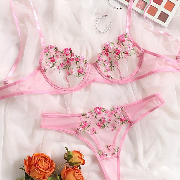 Adsexy Floral Embroidery Mesh Underwire Lingerie Set