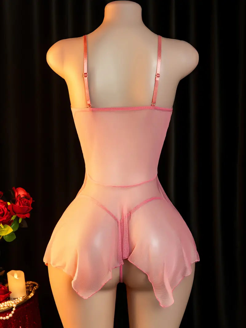 Ladies sexy lingerie rose lace sheer temptation slip dress nightgown passionate set dress lost sexy strapless doll dress daring adult costume revealing exotic enticing lingerie pink
