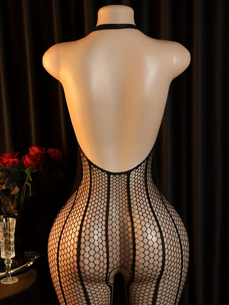 Plus size erotic lingerie, halterneck chest cut-out crotch one-piece mesh, sexy see-through fishnet bodysuit, openwork bandeau tights, bold revealing exotic seductive underwear black