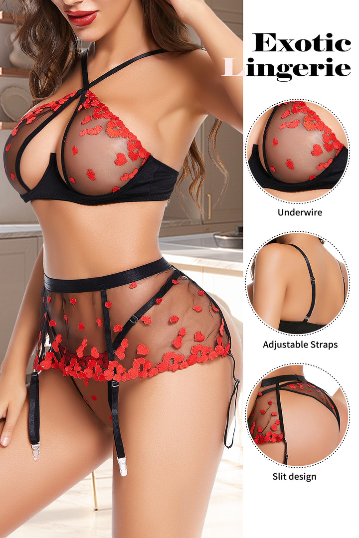 ADSEXY Sexy Set Bra + Panty + Liguero con Medias Lencería para Mujer